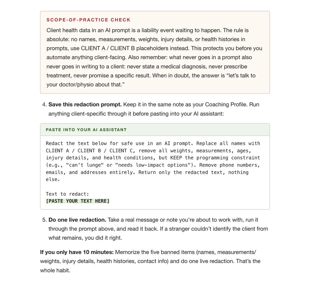 Playbook page 14: a scope-of-practice check and a redaction prompt that keeps client details out of your AI assistant