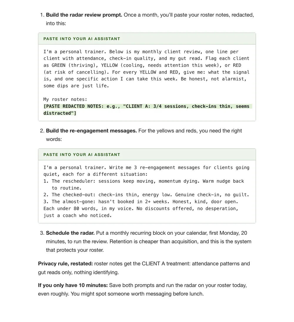 Playbook page 42: Day 17, the retention radar, with a prompt that flags clients green, yellow or red and a prompt that writes three re-engagement messages